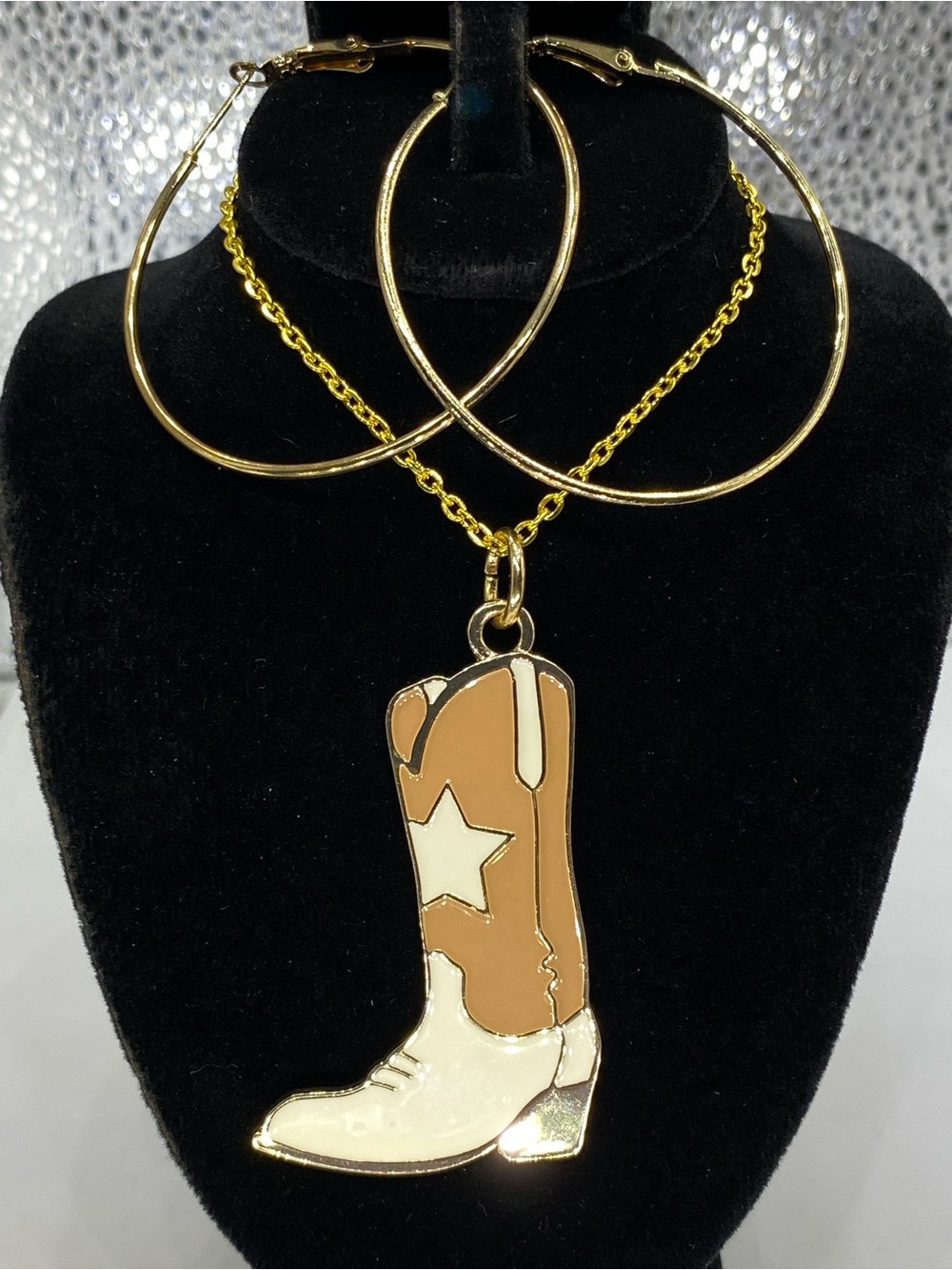 *** Southwestern ^^^ Cowboy Boot Pendant Necklace /  Hoop Earrings *